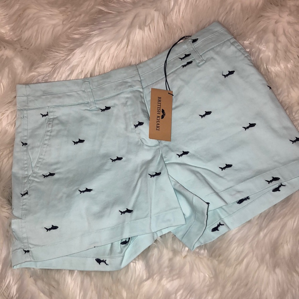 NWT British Khaki shorts light blue w navy sharks